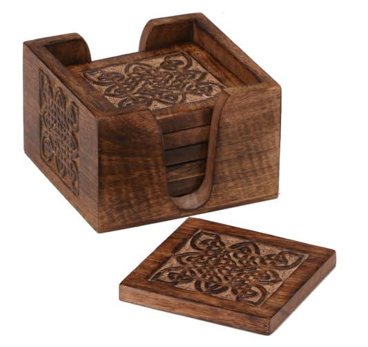 Celtic coaster set - Mango wood coaster holder with 6 coasters, 4 inch square coasters, tabletop protection and natural decor