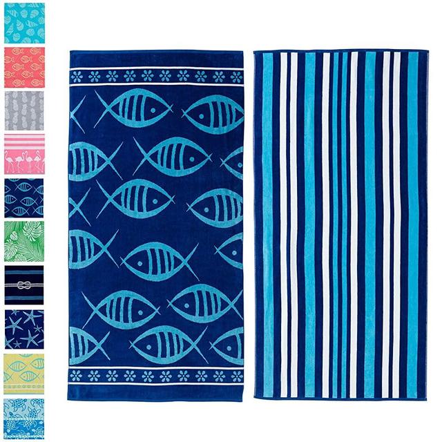 2 Pack Plush Fish & Stripes Print Beach Towels. 100% Cotton Nautical  Beach Towels, Large Pool Towels. Maui Collection (30”x60”)