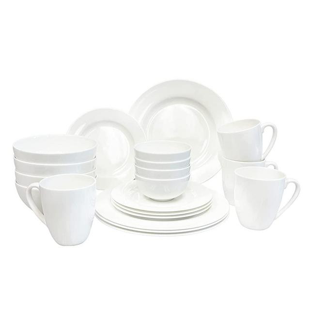 Bone China 20 Piece Dinnerware Set, Service for 4, White, Microwave Safe, Chip Resistant, Translucent, Elegant giftware, Dish set, For, Essential Home, Formal and Everyday Living, Kitchen set, display