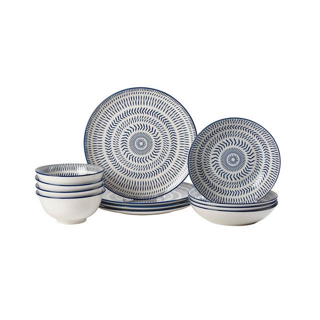 Tabletops Gallery Navy Pad Print 12-PC Dinnerware Set, Service for 4