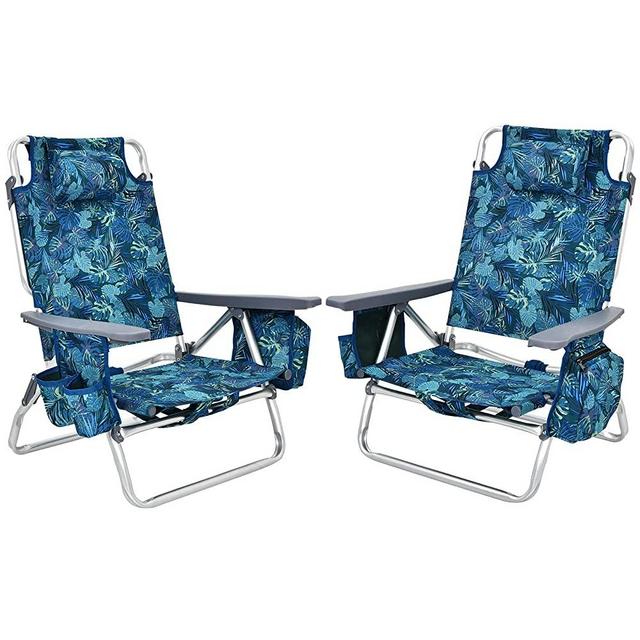 Giantex Beach Chair 2-Pack Sling Camping Chair, Patio Reclining Chairs with 5 Adjustable Position, Head Pillow, Storage Bag, Towel Bar, Cup Holders, Ice Pack Folding Lawn Chairs (2, Navy)