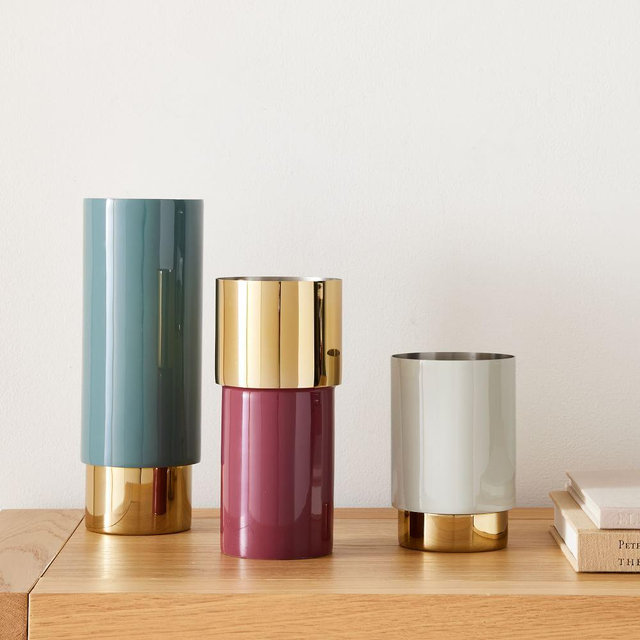 Brass And Enamel Tube Vase, Light Grey And Wine And Ocean, Small Medium And Large, Set of 3