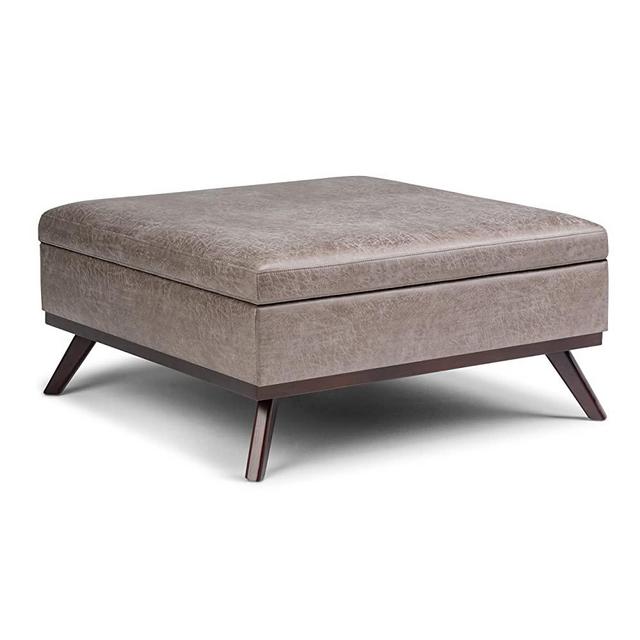 SIMPLIHOME Owen 36 inch Wide Square Coffee Table Lift Top Storage Ottoman, Cocktail Footrest Stool in Upholstered Distressed Grey Taupe Faux Air Leather, Mid Century Modern, Living Room