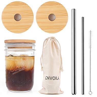 Mason Jar Lids with Straw Set, ECO Reusable Bamboo Wide Mouth Mason Jar Lids with 2 Reusable Stainless Steel Straw