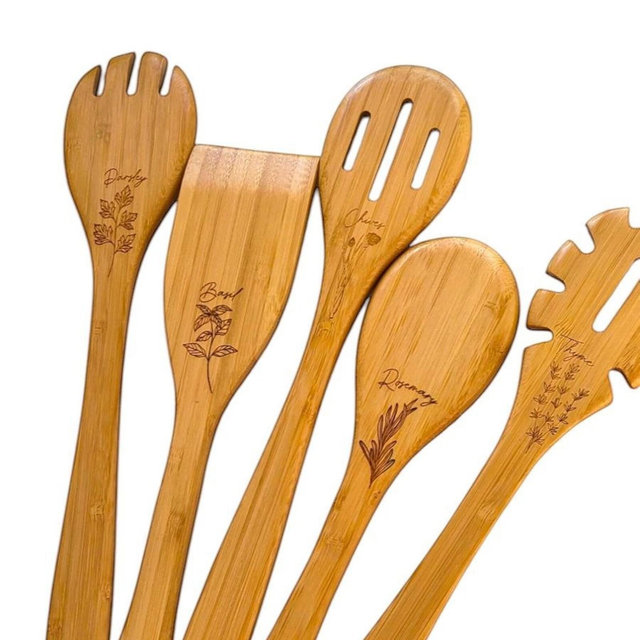 bamboo cooking utensils herb kitchen utensils set laser engraved utensils herb engraved utensils herb kitchen gifts kitchen herb decor