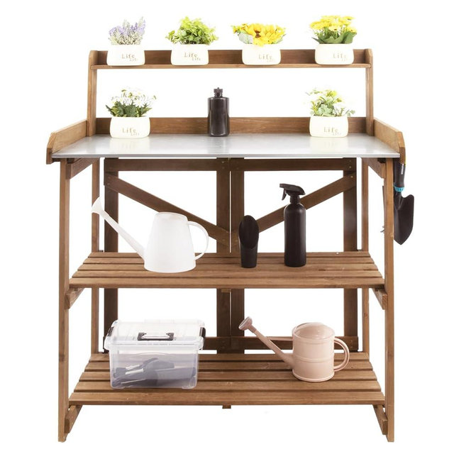 Ketive Folding Potting Bench Table,Outdoor Potting Bench Garden Wooden Potting Table,Fir Wood Workstation Planting Table with Galvanized Tabletop,2 Tier Storage Shelves,Top Shelf(Brown)