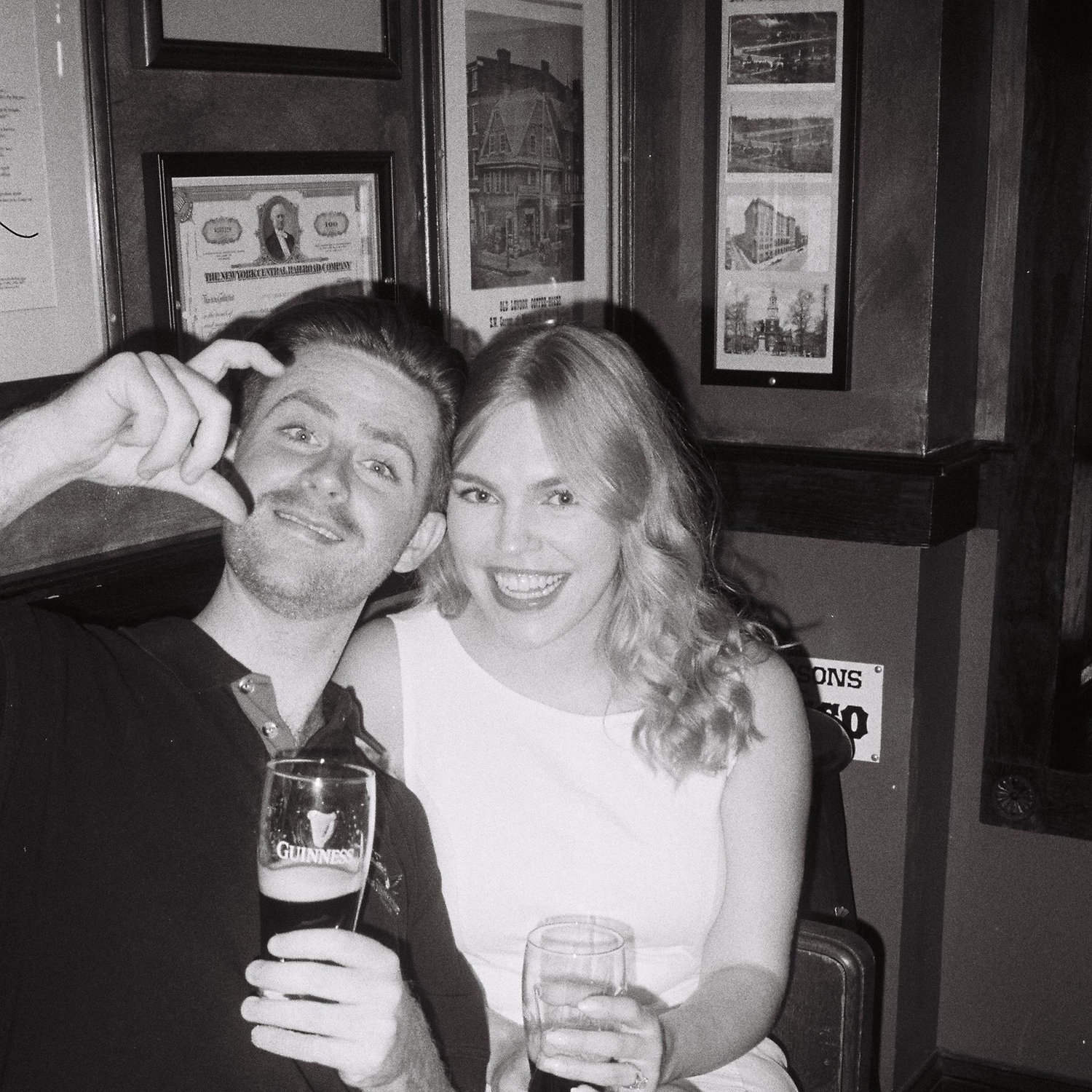 The couple at their engagement party, in an Irish pub (Pat’s natural habitat).