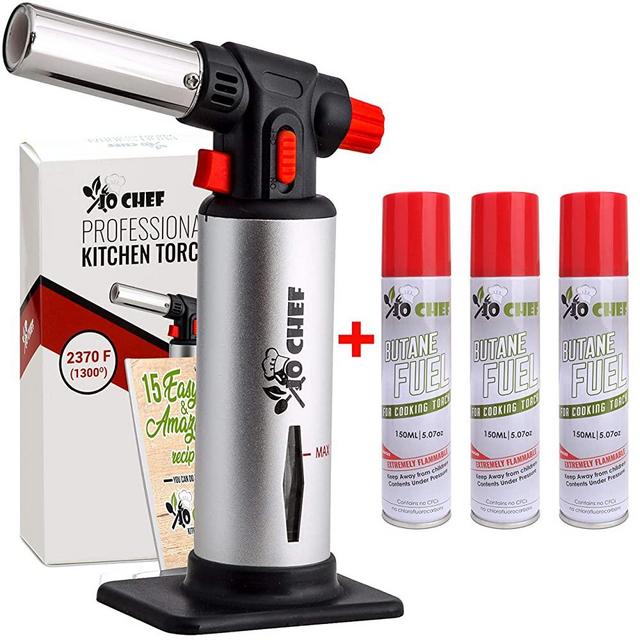 Kitchen Torch, blow torch - Refillable Butane Torch With Safety Lock & Adjustable Flame + Fuel gauge - Culinary Torch, Creme Brûlée Torch for Cooking Food, Baking, BBQ + FREE E-book, 3 Cans Included