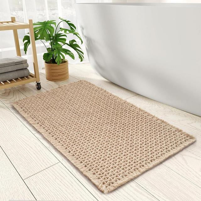 PADOOR Checkered Bath Mat, Super Absorbent Non Slip Bath Mats for Bathroom Floor 3D Woven Bathroom Mat with Tassels Machine Washable Bathroom Rugs Beside Tub, 17" x 24", Brown