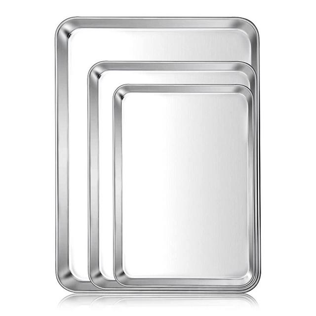E-far Baking Cookie Sheet Pan Set of 3, 16/12.4/10.4 Inch, Stainless Steel Baking Pans Set for Oven, Rectangle Baking Tray for Cooking Roasting, Non Toxic & Easy Clean, Dishwasher Safe