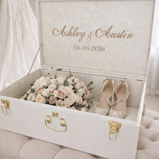 Wedding Keepsake Trunk, Personalized Bridal Memory Box, Monogrammed Bride Heirloom Chest, Custom Embroidered Wedding Storage