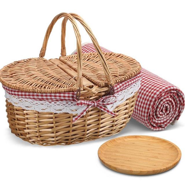 Gandeer Picnic Basket with Blankets and Bamboo Plates Picnic Supplies Set Basket with Lid and Handle Wicker Picnic Basket Sturdy Woven Body with Washable Lining for Camping(Red)