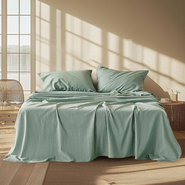 Bedsure Linen Sheets - King Size Sheets, Blend from Linen Cotton Bedsheets, Breathable Cotton Bedsheets, Gifts for All Seasons, 4 Pieces, Green