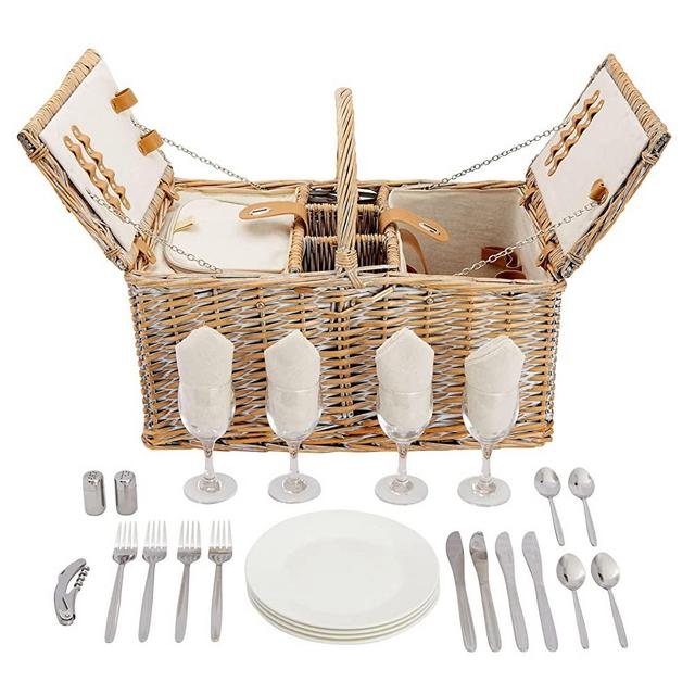 Wicker Picnic Basket Set for 4 with Insulated Cooler Bag, Silverware, Glasses, Napkins, Double Lid, Straw/White Finish