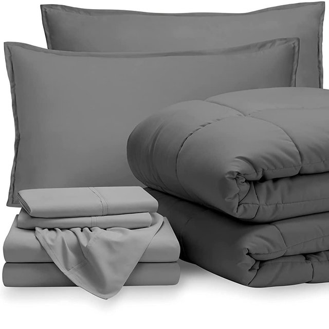 Bare Home Bedding Set 7 Piece Comforter & Sheet Set - King - Goose Down Alternative - Ultra-Soft 1800 Premium - Hypoallergenic - Breathable Bed Set (King, Grey/Light Grey)