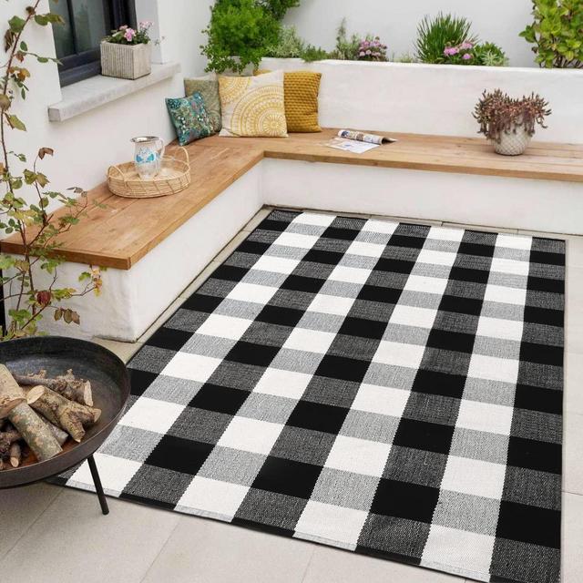 Buffalo Plaid Outdoor Indoor Rug Doormat 3' x 5', Cotton Woven Outdoor Door Mat Washable Farmhouse Checkered Porch Rugs for Front Kitchen Bathroom