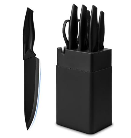 Kitchen Knife Set with Knife Block,7-Piece Kitchen Knife Block Set, Knife Set with Block with Built-In Sharpening Block,Dishwasher Safe