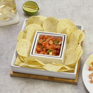 Ceramic Square Chip & Dip Dish with Bamboo Bottom