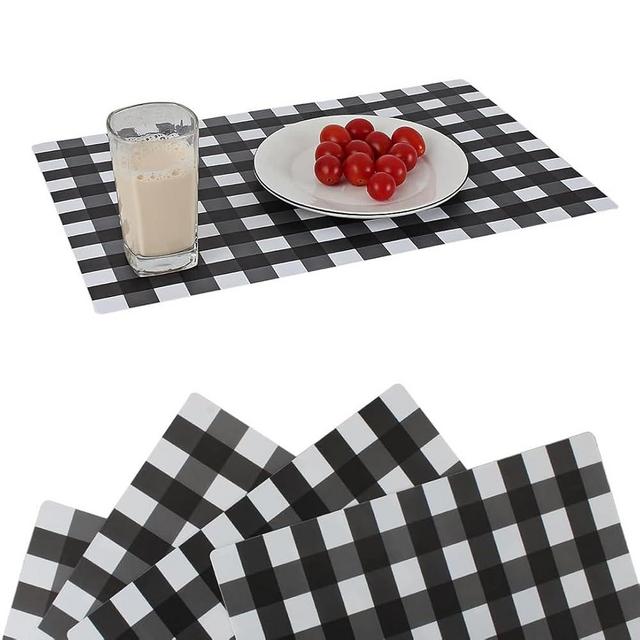 Jsenvpon PP Buffalo Plastic Check Plaid Placemats Wipeable Easy Clean Washable Table Mats for Dining Table Heat Resistant Placemat Rectangular Black and White Place mats Set of 4
