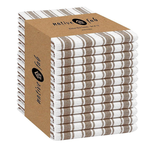 Native Fab Stripe Kitchen Towel - 12 Pack - Basket Weave 100% Cotton Dish Towels - 16x26 inches - Absorbent Towels for Cleaning, Quick Drying, Washable Dish Cloths with Hanging Loop - Brown