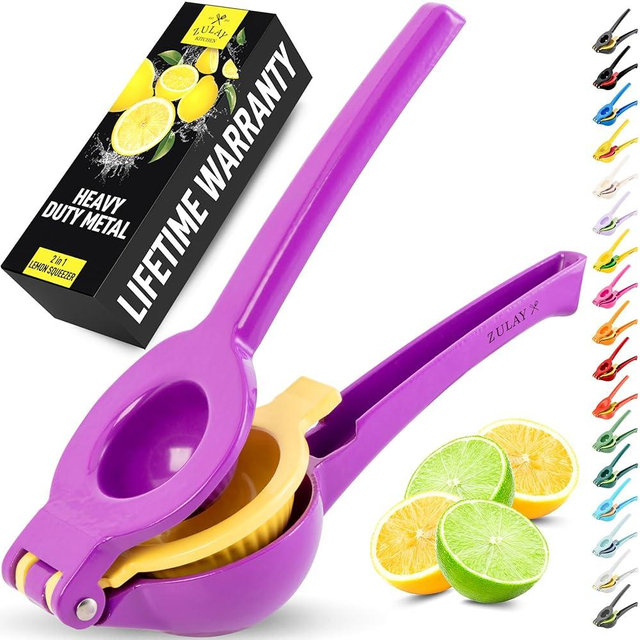 Zulay Kitchen Metal 2-in-1 Lemon Squeezer - Sturdy Max Extraction Hand Juicer Lemon Squeezer Gets Every Last Drop - Easy to Clean Manual Citrus Juicer - Easy-Use Lemon Juicer Squeezer - Purple/Yellow
