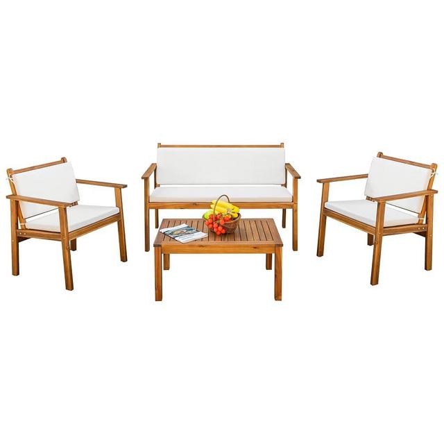 Devoko Patio Furniture 4 Piece Acacia Wood Outdoor Conversation Sofa Set with Table & Cushions Porch Chairs for Garden, Deck, Backyard, Natural