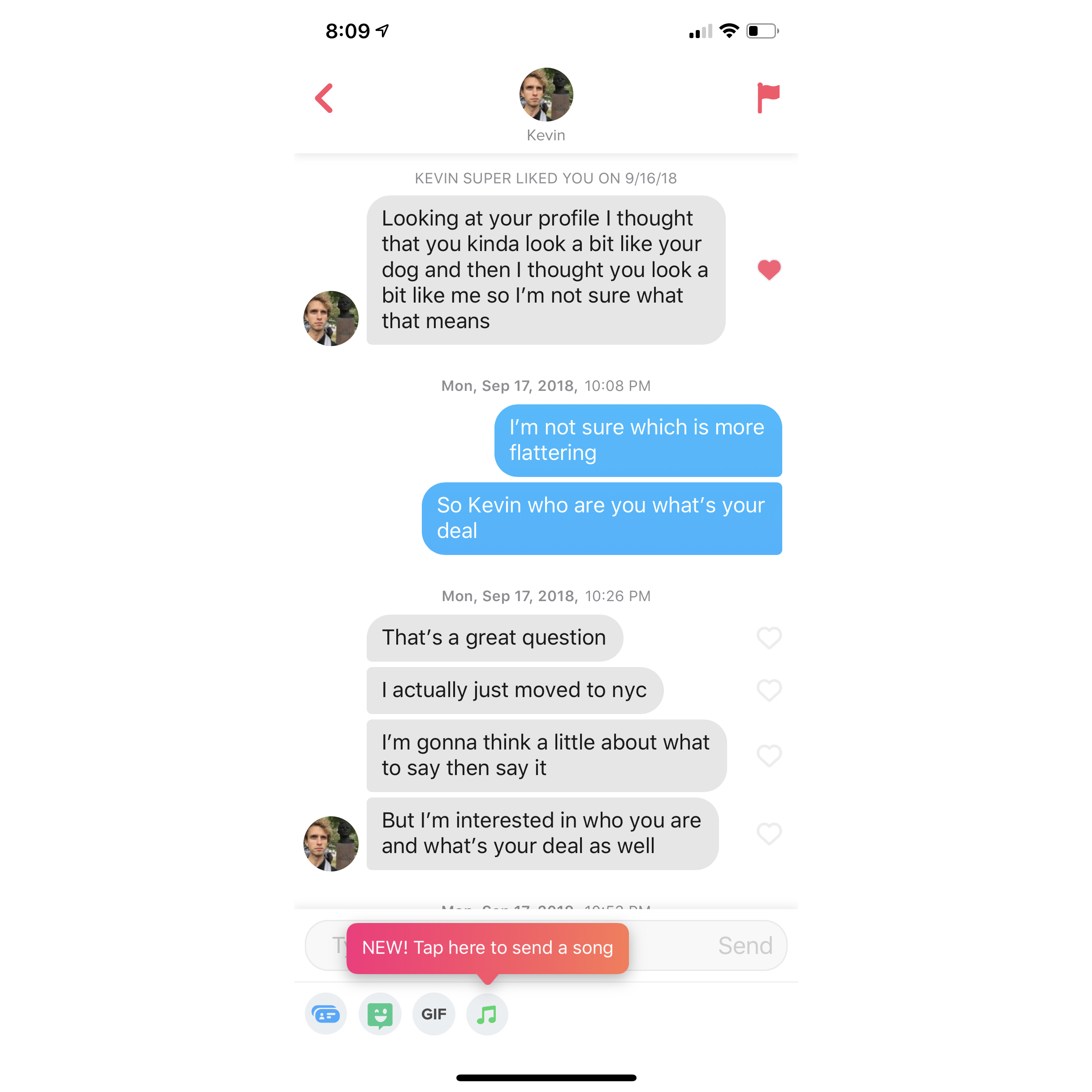 Kevin "super liked" Marina on Tinder on September 16th, 2018. His quality pickup line sparked a ridiculous conversation that lasted for about 3 hours.