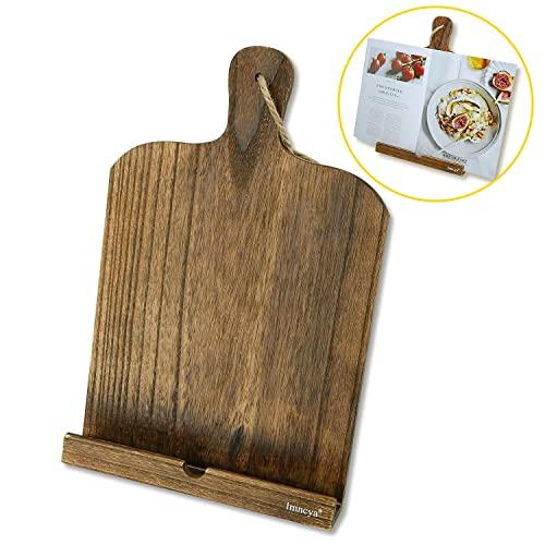 Cookbook Holder, Cutting Board Wood Recipe Book iPad Tablet Stands, Portable Sturdy Lightweight Elegant Bookstand Tray with Kickstand for Kitchen, Restaurant, Pub, Brown