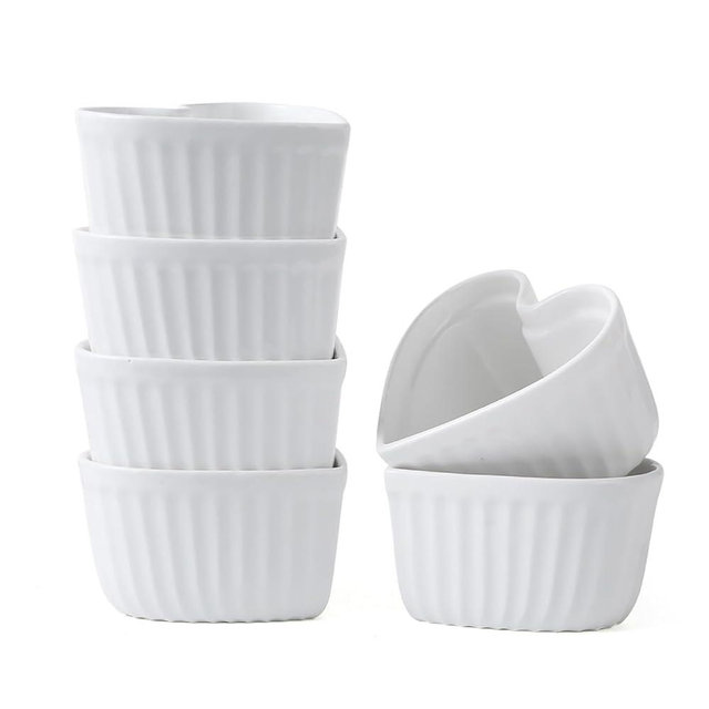Feenmai 8Oz Heart Shape Ramekins Creme Brulee Ramekins Set of 6 Ceramic Baking Bowls Valentines Porcelain Souffle Dishes Desserts Bowls Pudding Cups White