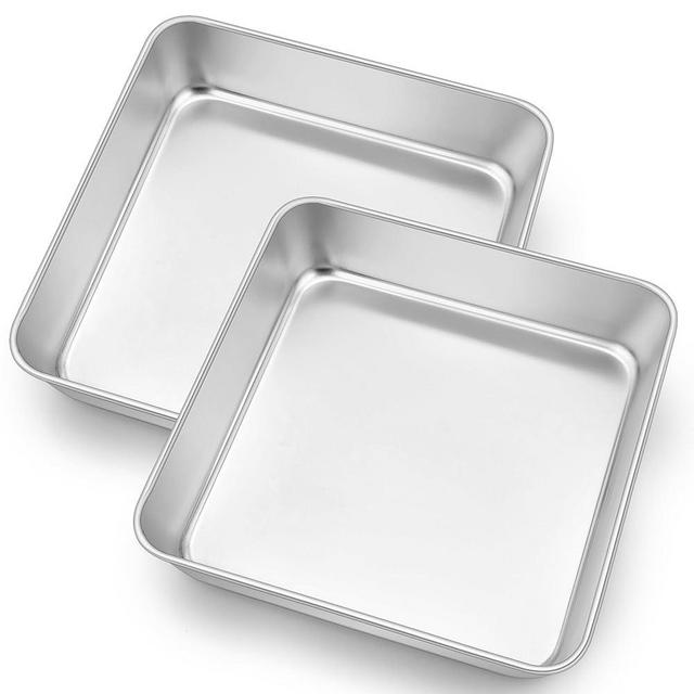 E-far 9x9 Inch Square Cake Pans Set of 2, Stainless Steel Baking Pan for Lasagna Brownies Casseroles, Silver Square Bakeware for Oven Cooking, Non-Toxic & Rust Free, Dishwasher Safe, 2 Inch deep
