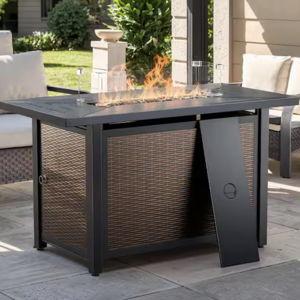Pure Iron Series 43 In. 50000 BTU Square Brown Rattan Propane Outdoor Fire Pit Table with Windshield