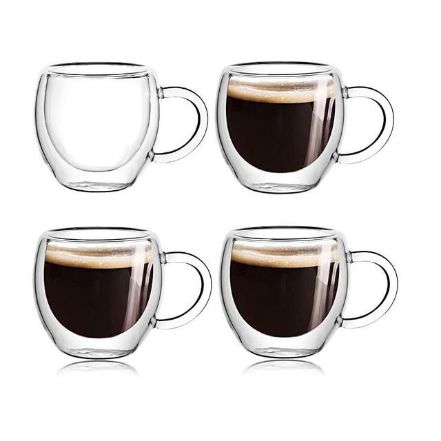 4-Pack 2.5 Oz Espresso Cups With Handle,Espresso Shot Glasses,Clear Expresso Coffee Cups,Double Wall Insulated Espresso Mugs,Tazas de Cafe Expreso,Microwave Dishwasher Safe,Suit for Espresso Machine
