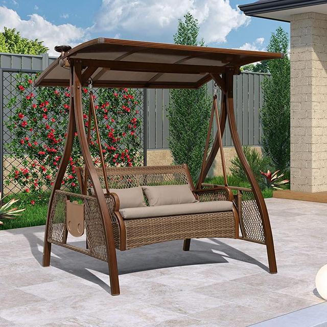 PURPLE LEAF Patio Porch Swing Chair with Canopy 2 Person Hand-Woven Wicker Outside Glider w/Solar LED Light and Cushions for Backyard Loveseat Bench Outdoor Hamock Swinging Chairs