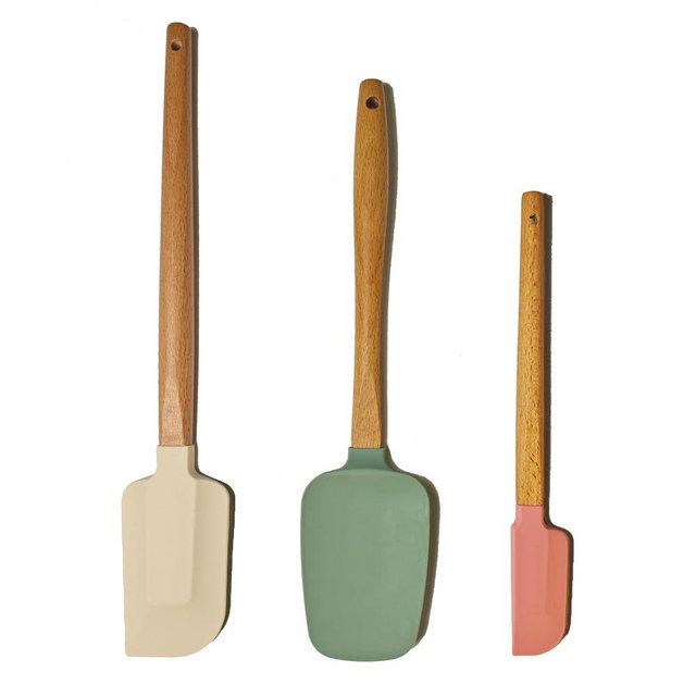 3-Piece Heat Resistant Silicone Spatula Set for Baking - Wooden Handle Spatula Baking Spatula, Non-Stick for Cooking, Mixing, Frosting & Jams (Cream, Sage Green, Coral Pink)