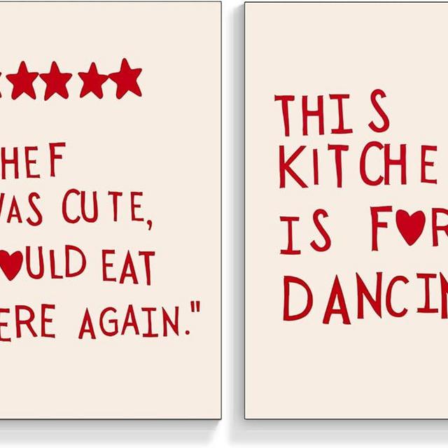 2Pcs Funny Kitchen Canvas Wall Art Trendy Red Minimalist Stars Heart Picture Aesthetic Posters Quotes Chef Was Cute This kitchen is for dancing Prints Wall Decor Unframed (12x16in x2Pcs Unframed)