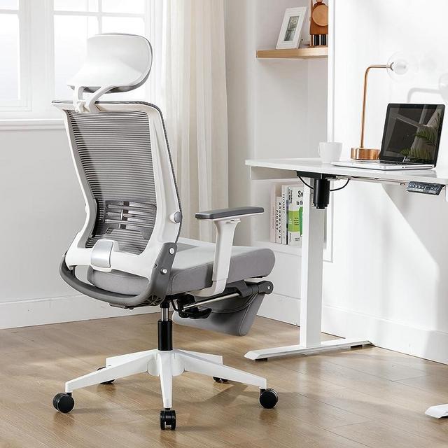 Mesh Ergonomic Office Chair, Foldable High Back Desk Chair with Footrest, Headrest, Breathable Mesh, Adjustable Lumbar Support, Sponge Seat, Swivel Task Chair, Gray