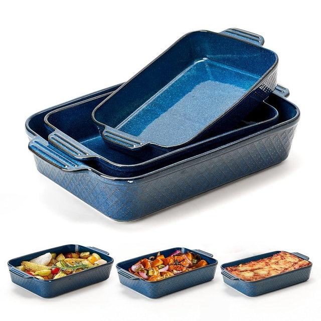 Ceramic Baking Dish Set of 3, Casserole Dishes for Oven, Square Porcelain Bakeware Set with Handles, Lasagna Baking Pan for Cooking, Perfect for Baking and Serving, Housewarming, Halloween, Thanksgiving, Christmas, New Year- Blue