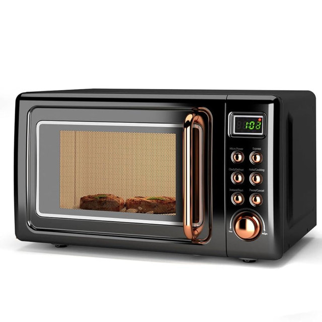 Countertop Retro Microwave Oven, SIMOE 0.7 Cu Ft Small Microwave with Defrost, 5 Micro Power, 8 Auto-cooking Set & Child Lock, Compact Microwave w/10 Inch Turntable, 60-min Timer, LED Display, 700W