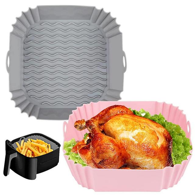 Boribim 2 PCS Square Silicone Air Fryer Liners - 8 Inch Reusable Air Fryer Pot - Air Fryer Accessories - Air Fryer Inserts for 4 to 7 QT for Oven Microwave Accessories (Grey+Green)