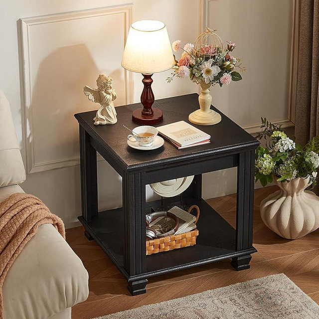 SAVOR LIFE Farmhouse End Table,Large Side Table with 2-Tier Storage Shelf,Rustic Wood End Tables for Living Room,Square Tea Table,Black