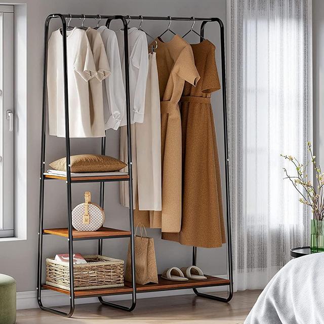 Raybee Clothing Rack Heavy Duty Clothes Rack Metal Garment Rack for Hanging Clothes with 3-Tier Wood Shelves for Bedroom Max Load 242 LBS Black