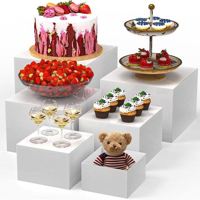 VANITURE 6 Pcs Buffet Risers - Food Risers for Buffet Table - Display Stand Shelf for Party, Catering, Jewelry & Collectibles, Acrylic Nesting White Display Riser with Hollow Bottoms