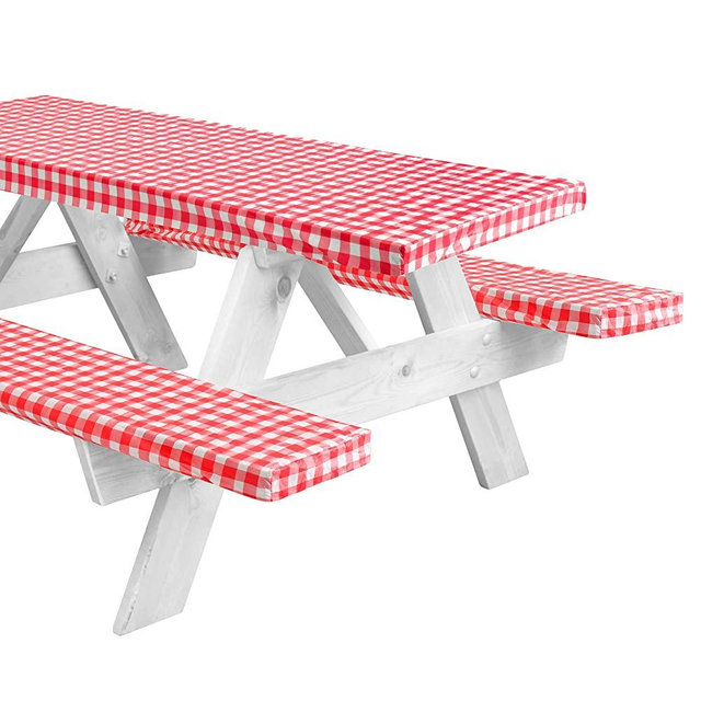 LINZEE 8ft Fitted Picnic Table Cover with Bench Covers. Outdoor Picnic Tablecloth 3 Piece Set. Camping Accessories and Travel Essentials. Waterproof, Reusable. Flannel Backing with Elastic Edges. 96"
