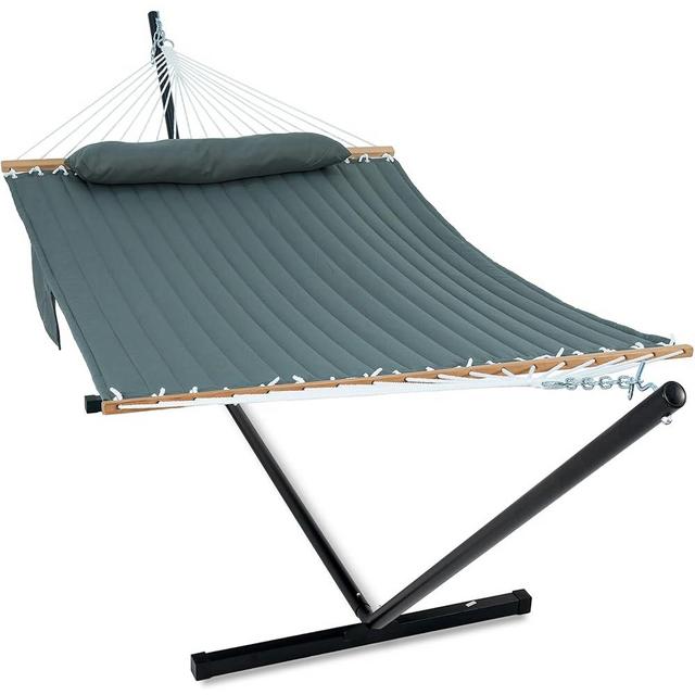 GAFETE 2 Person Hammock with Stand for Outside, 12ft Heavy Duty Steel Stand, Double Hammocks with Hardwood Spreader Bar, Large Removable Pillow, Side Pockets, Max 475 lbs Capacity (Dark Green)