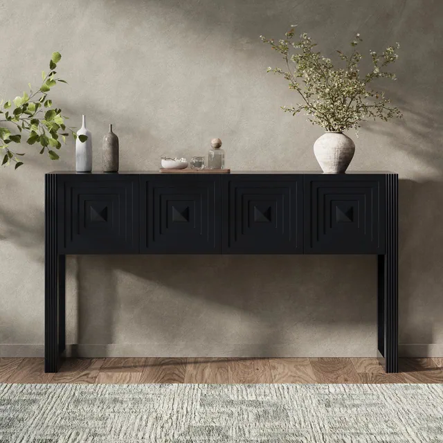 ModernLuxe Geometric Console Table Entryway Table Sofa Side Table Display Stand Accent Table with 3 Soft-Close Drawers & Fluted Design, Black