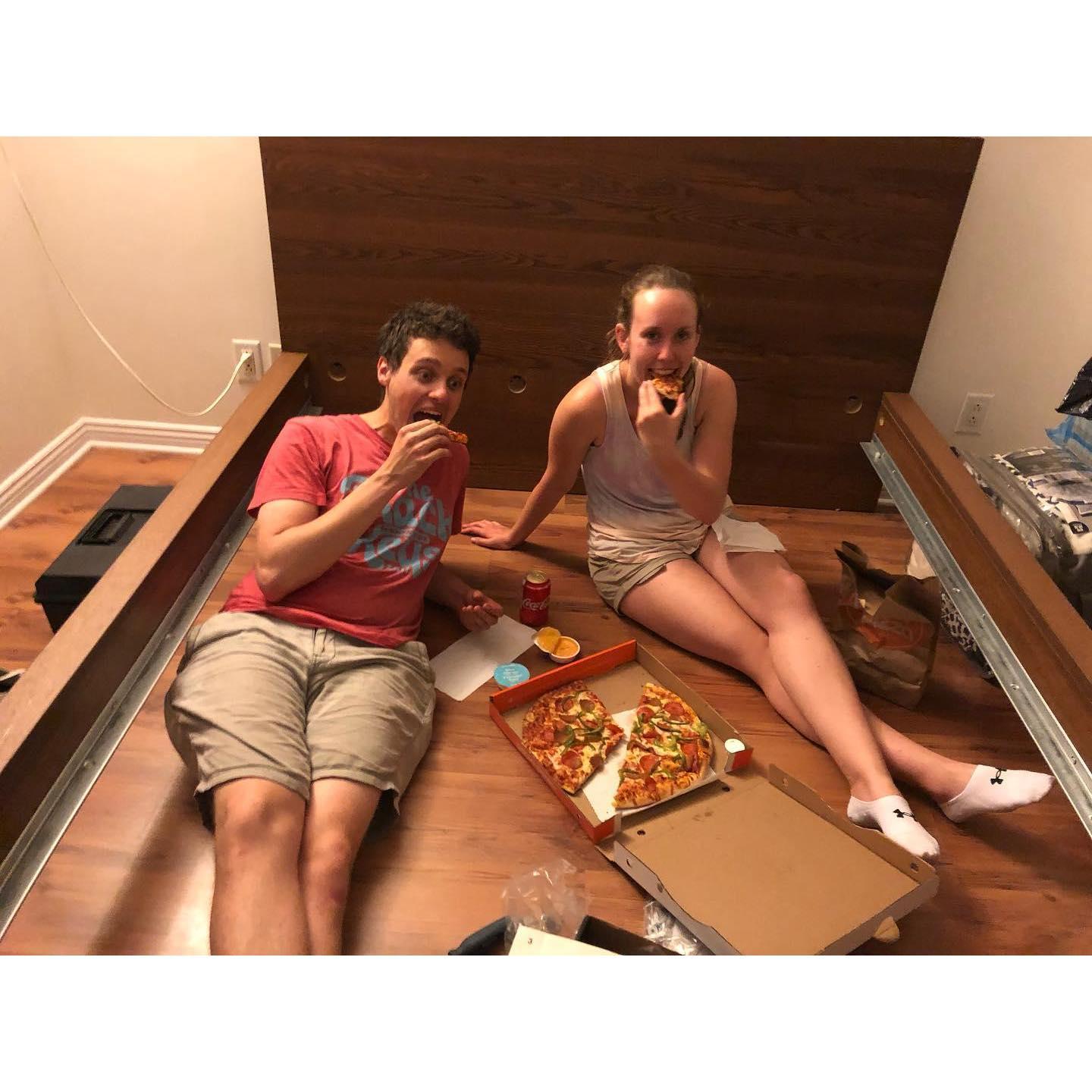 Pigging out after moving into our first apartment.