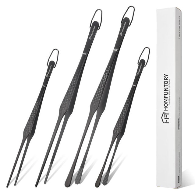 Homfuntory Stainless Steel Cooking Tweezers Set, 10 & 12 Inch Precision Kitchen Tweezers with Star Dot Texture & Elevated Tips | Galaxy Grip Series, 4-Piece (Black)