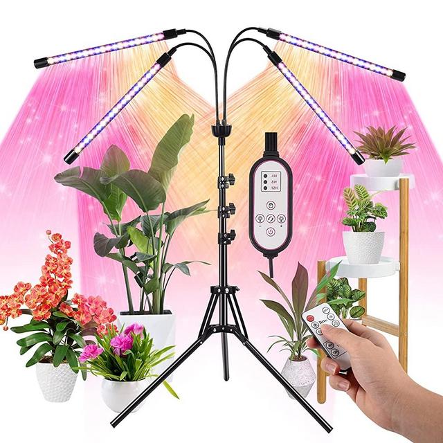 LED Grow Lights for Indoor Plants Full Spectrum Plant Light with 15-60 inches Adjustable Tripod Stand, Red Blue White Floor Grow Lamp with 4/8/12H Timer with Remote Control
