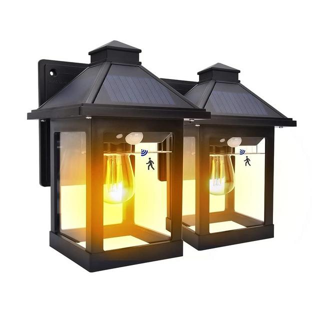 Nodfens 2 Pack Solar Wall Lanterns Outdoor with 3 Modes, Wireless Dusk to Dawn Motion Sensor LED Sconce Lights IP65 Waterproof, Exterior Front Porch Security Lamps Wall Mount Patio Fence Decorative