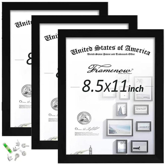 Framenow,8.5x11 Picture Frames Set of 3, Shatter-Resistant Glass Display Certificate or Pictures 8.5 by 11,To Wall and Tabletop Mounting, black.